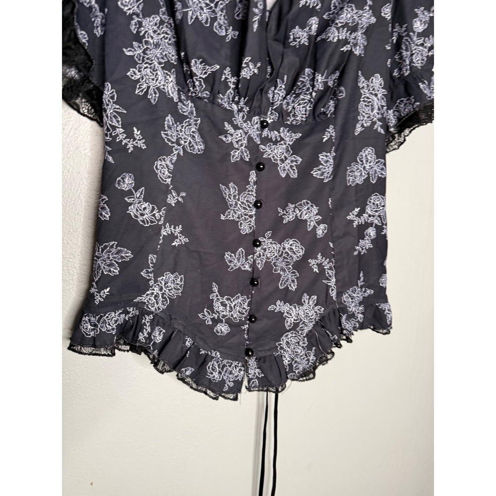 Scarlett Darkness black floral corset lace up back dark goth short sleeve blouse - Picture 4 of 6